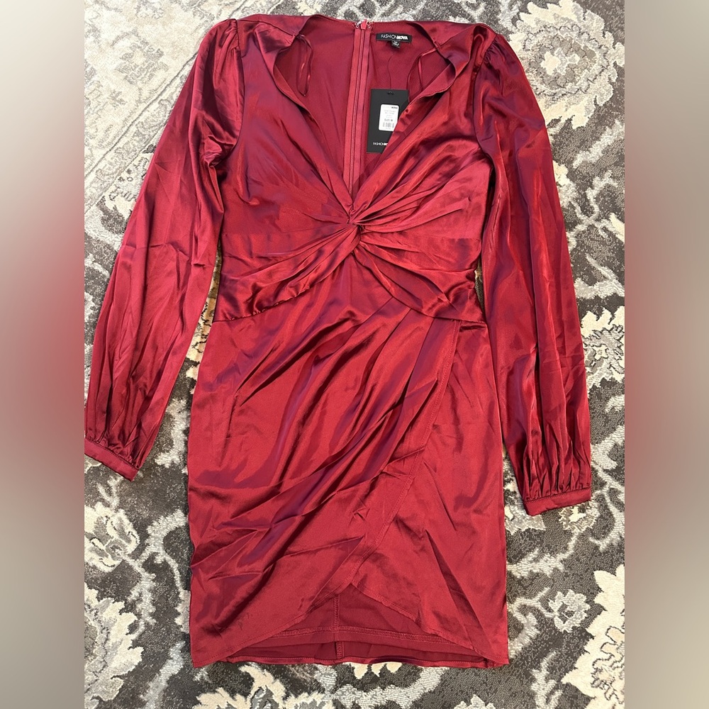 Fashion Nova Rich burgundy Long Sleeve Dress